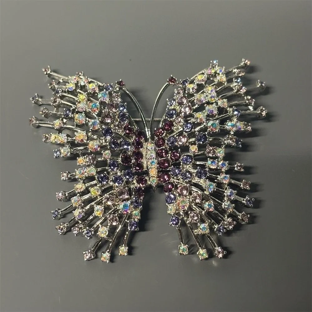 Nolan Miller Butterfly Brooch Silver Tone Rhinestone Crystal Aurora Borealis